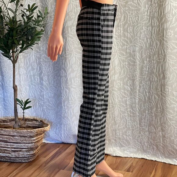 Black‎ & White Plaid Flared Pants Stretch Tartan Trousers Indie Academia Size M - Picture 3 of 8